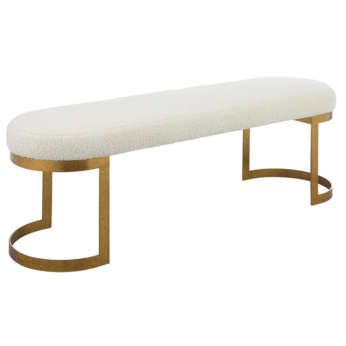 Angled view of a white bench in a white studio.
