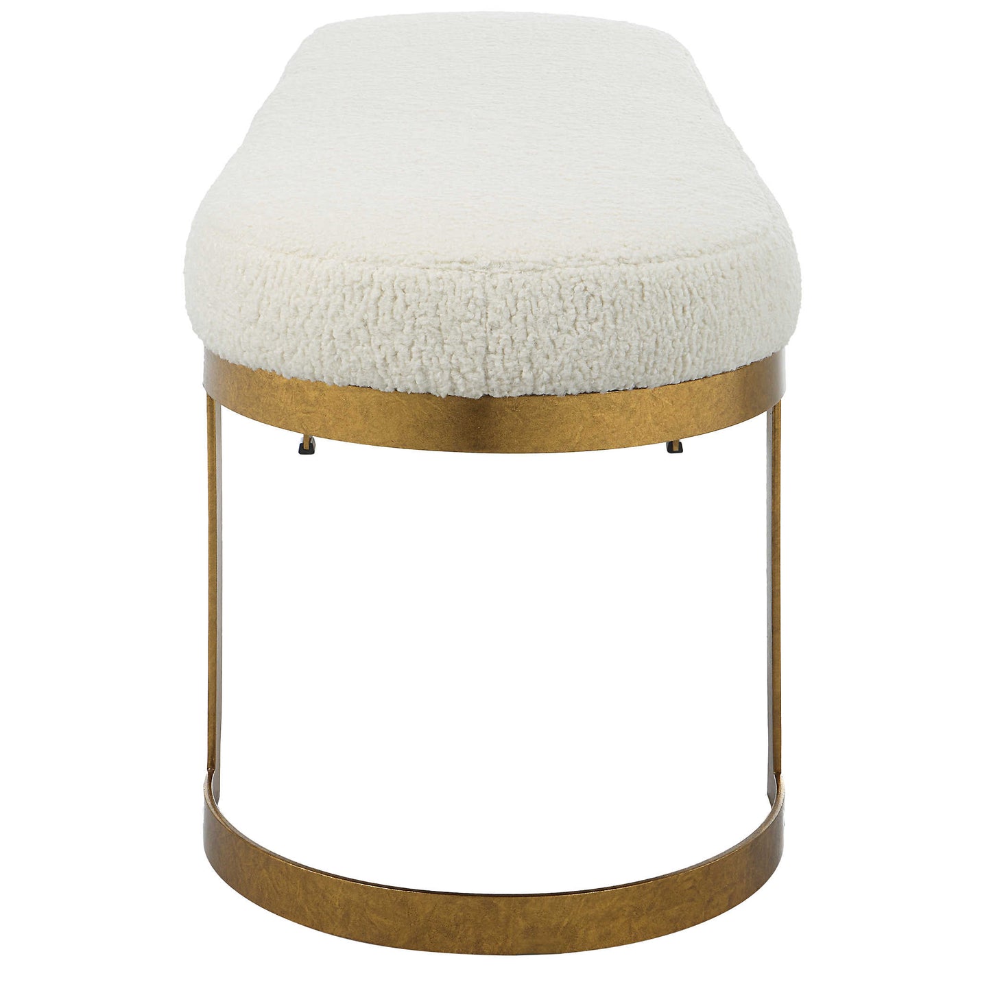 Vertical angle of a gold bench with white upholstered top over a white background.