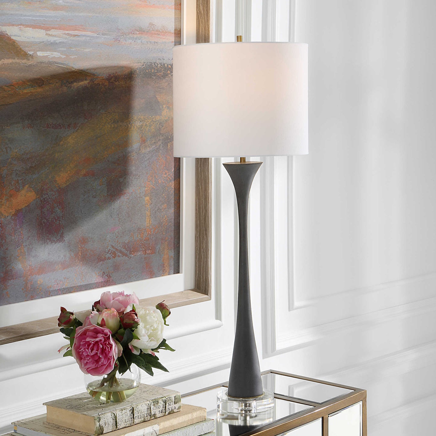 Black Buffet Lamp with Crystal Base and Brass Accents