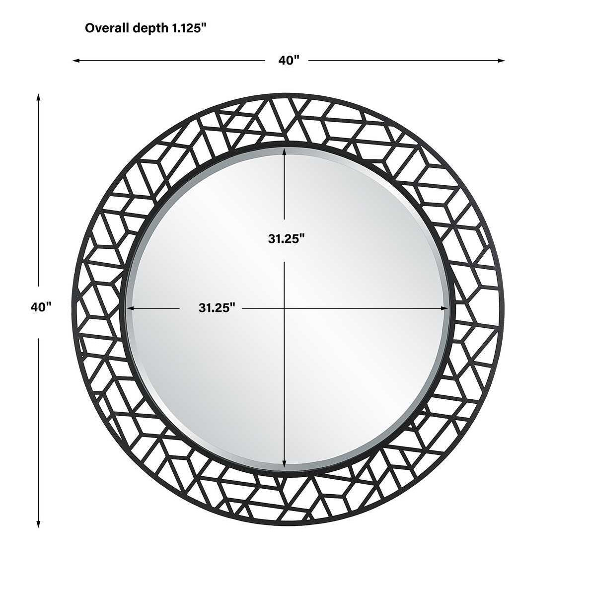 Round mirror with geometric frame and dimensions on a white background