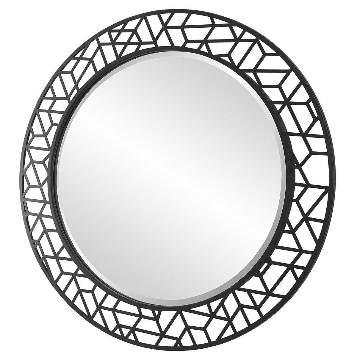 Round mirror with a black geometric frame on a white background
