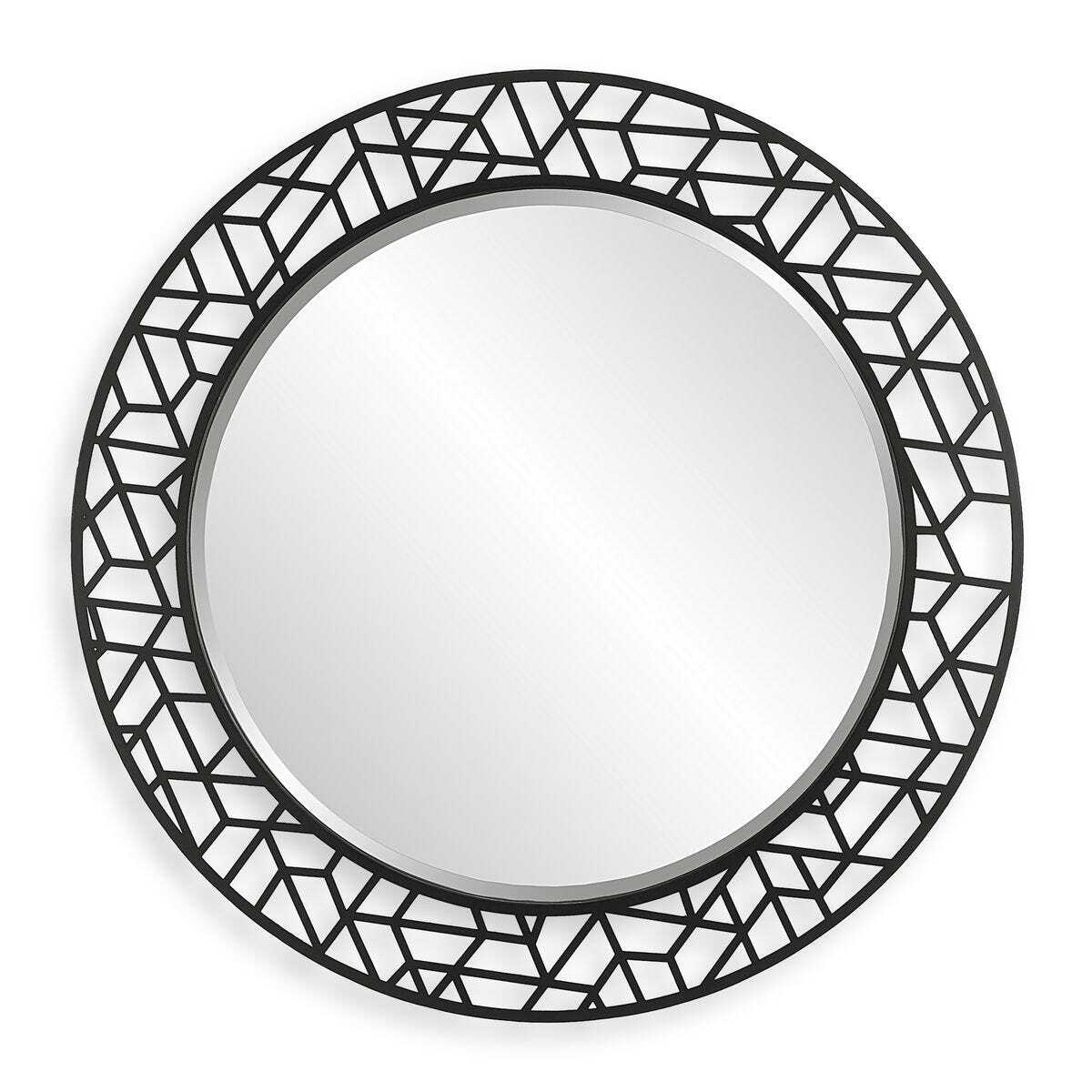 Round mirror with black geometric frame on a white background