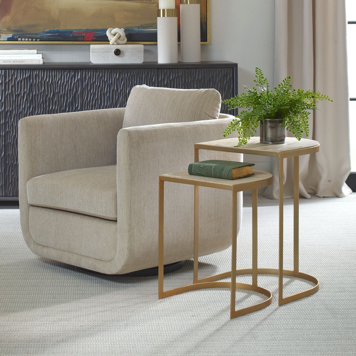 Gold and Travertine Nesting Tables, Set of 2