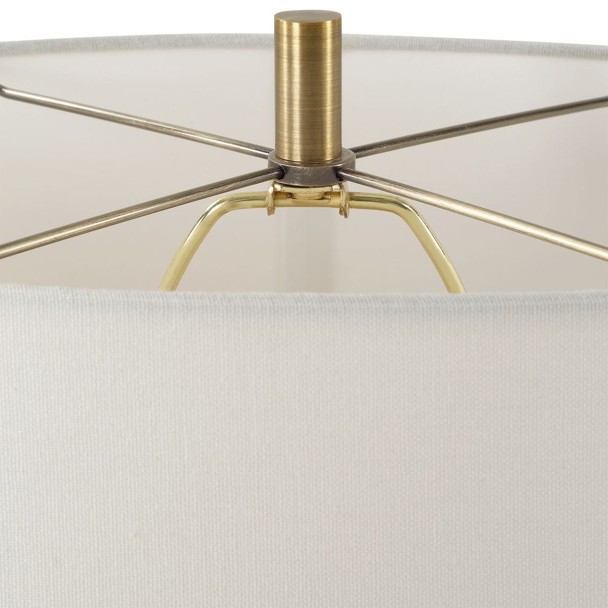 Close-up of a lamp with a brass base and white fabric shade