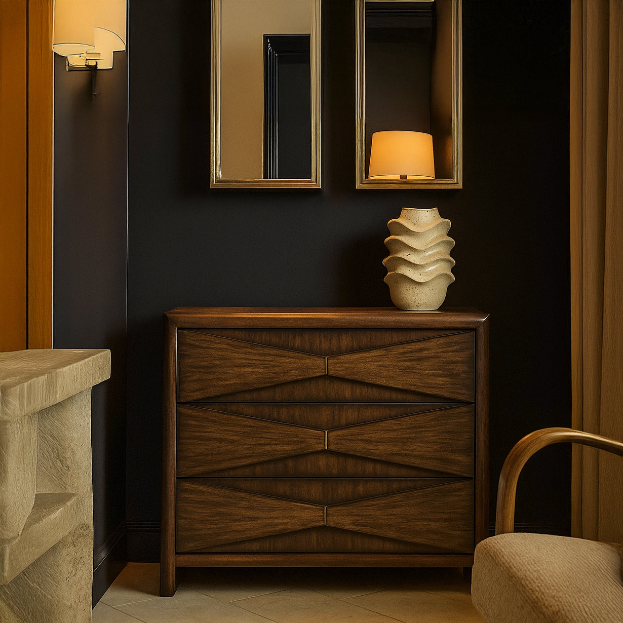 Acacia wood dresser chest.