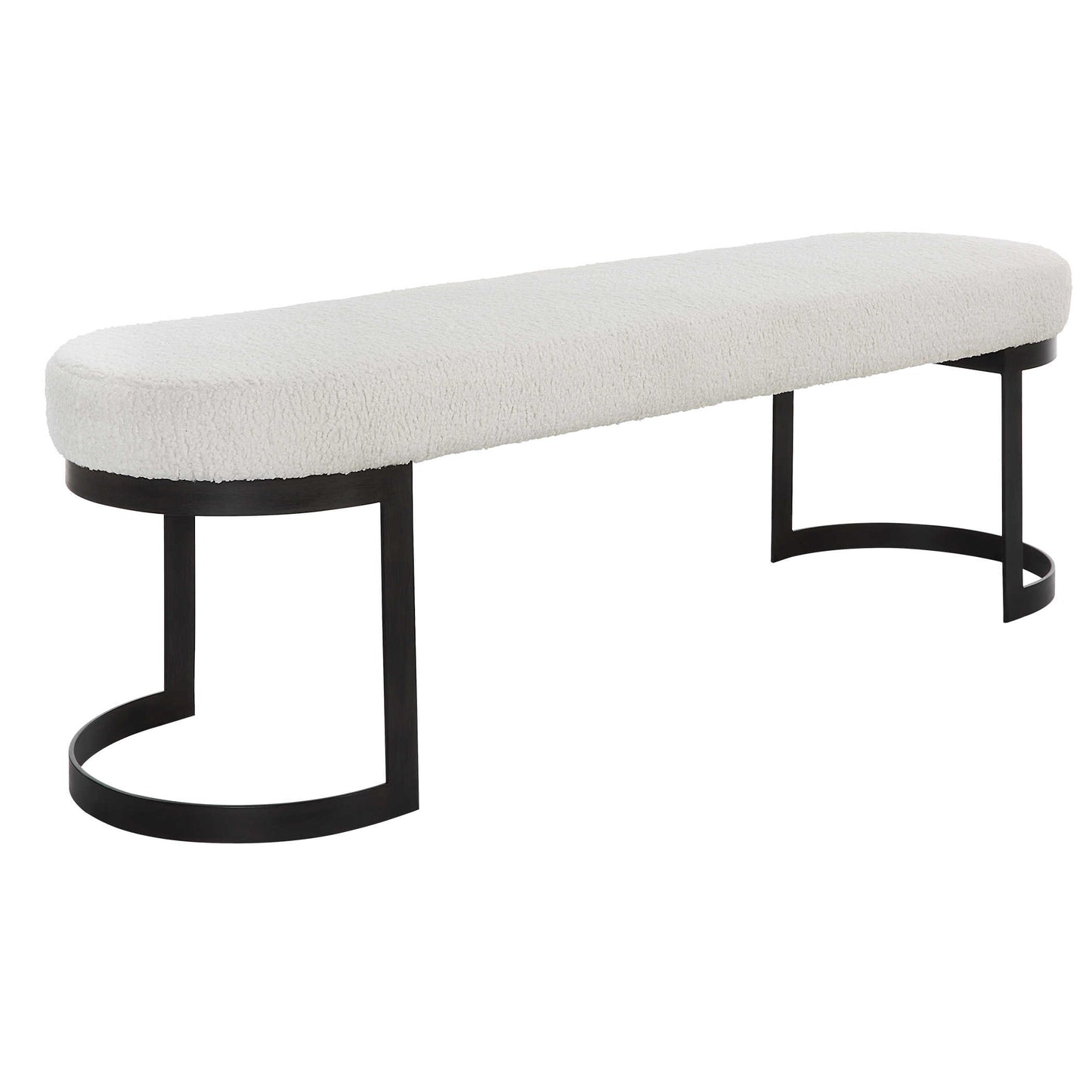 White boucle bench and round metal frame.
