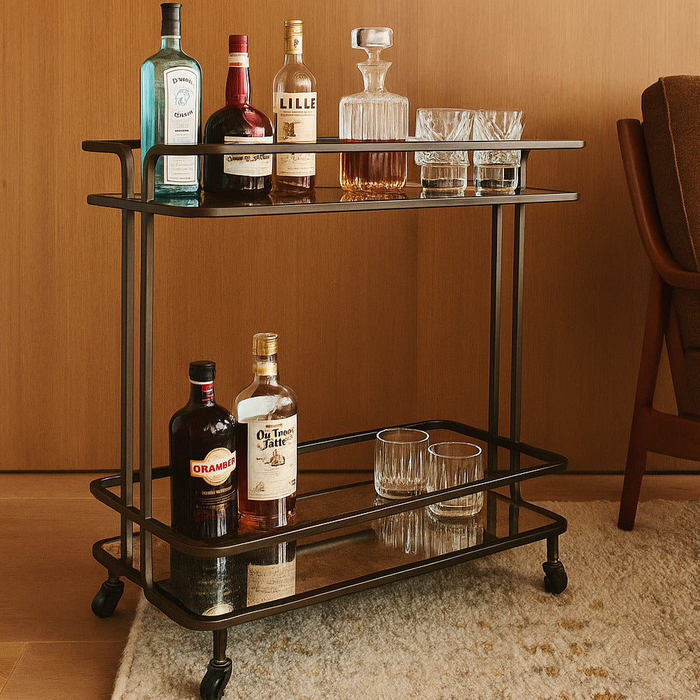 Bar cart with alcohol bottles and glasses against a wooden wall.