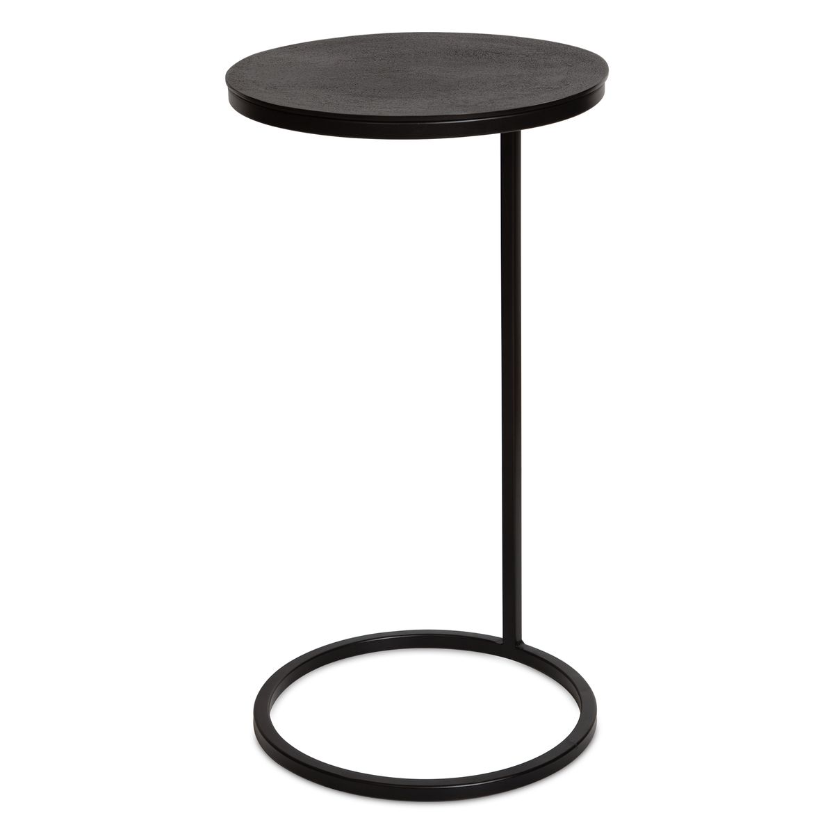 Black side table with circular top and base on a white background