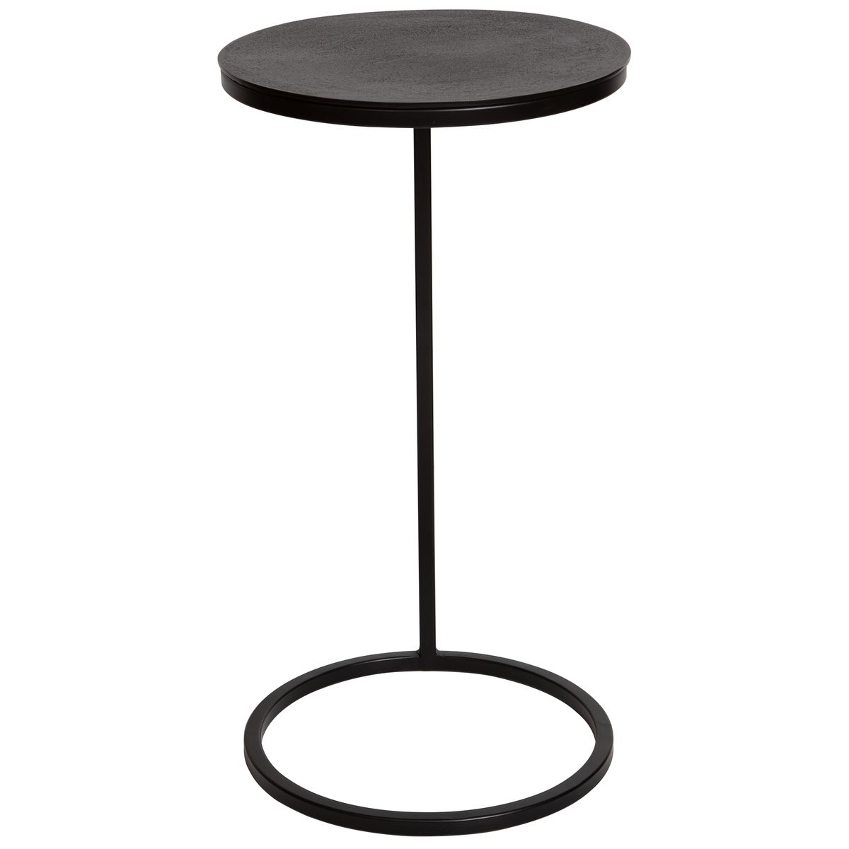 Black side table with round top and base on a white background