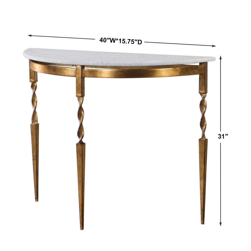 Gold console table with marble top and dimensions on a white background