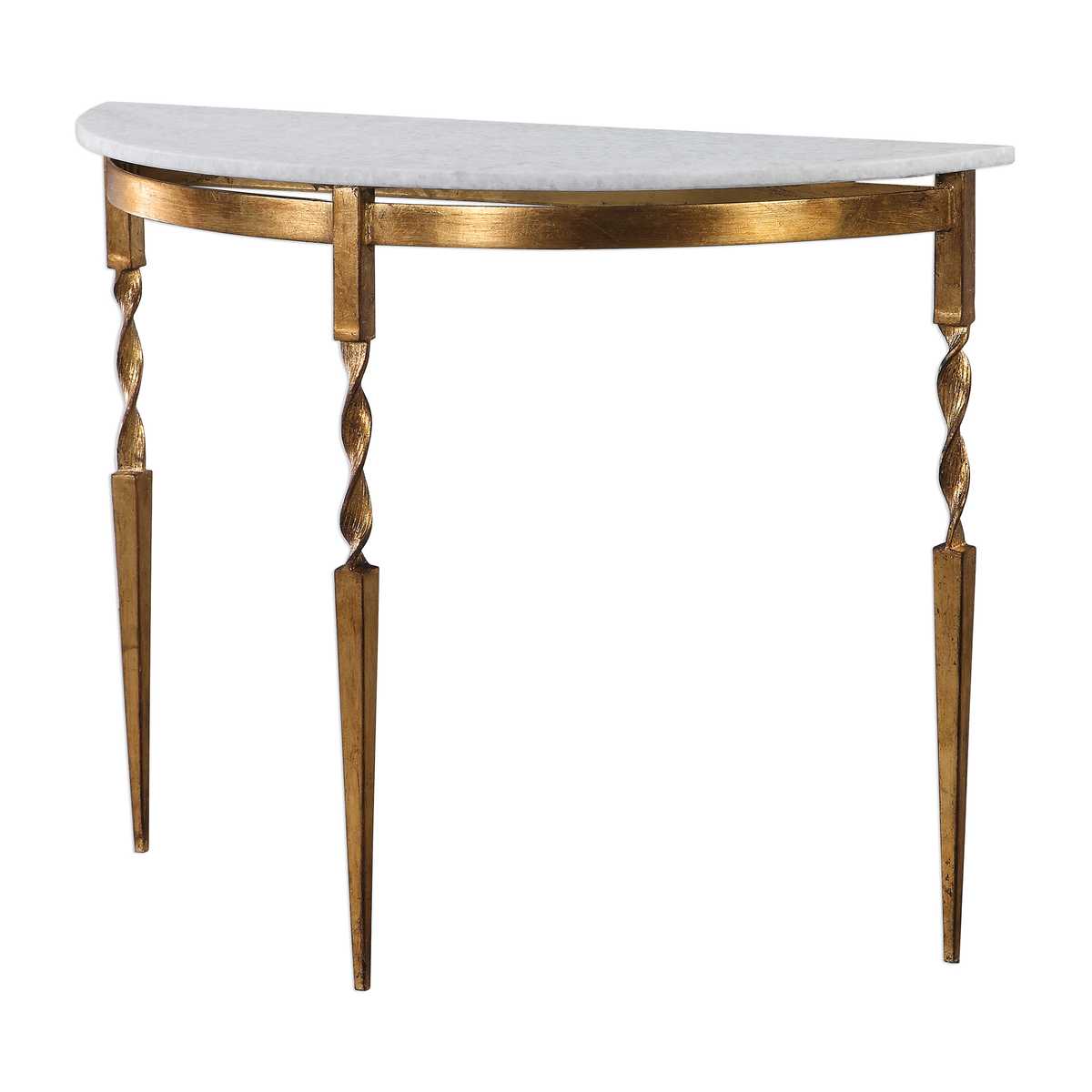 Decorative console table with marble top and gold twisted legs on a white background