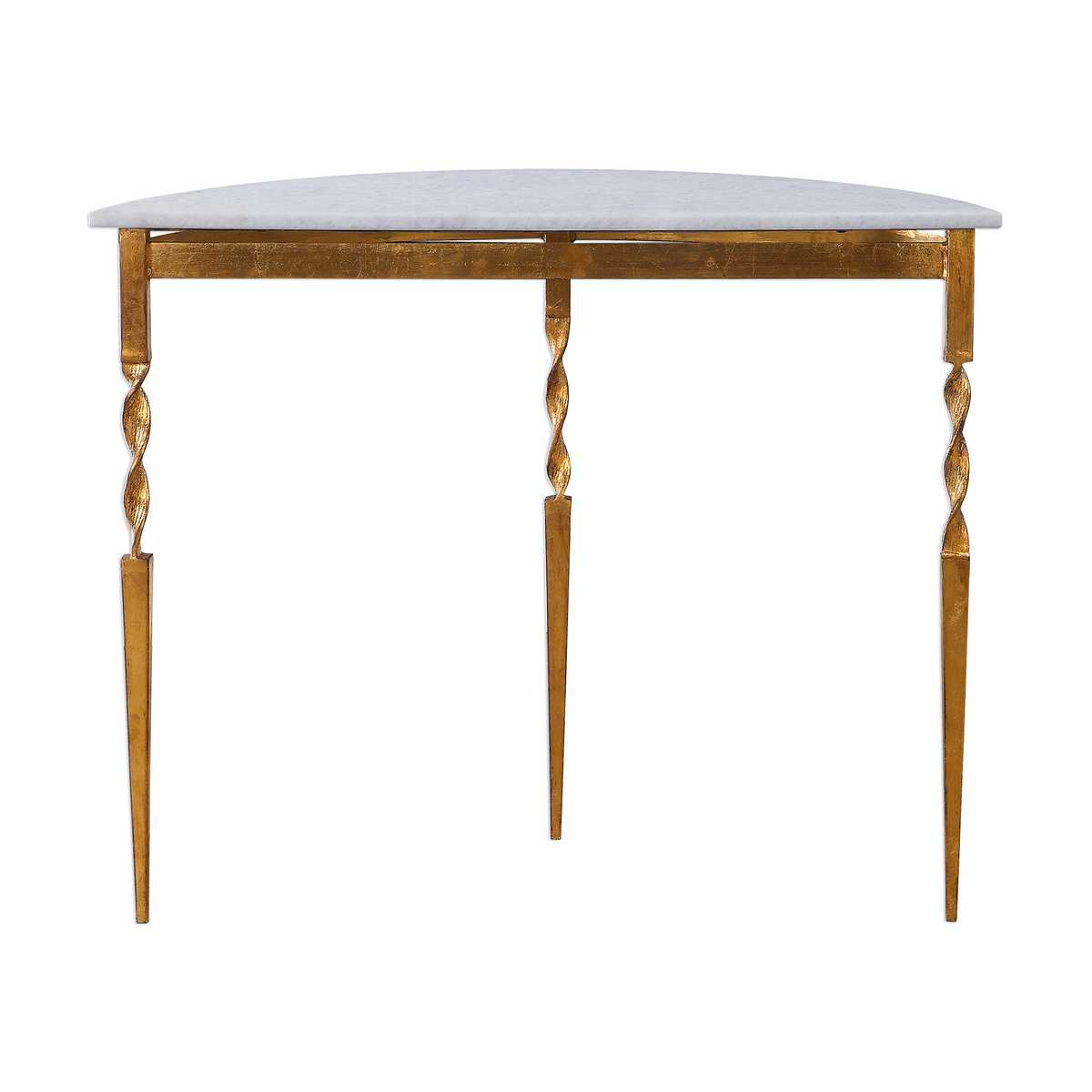Decorative table with marble top and gold twisted legs on a white background