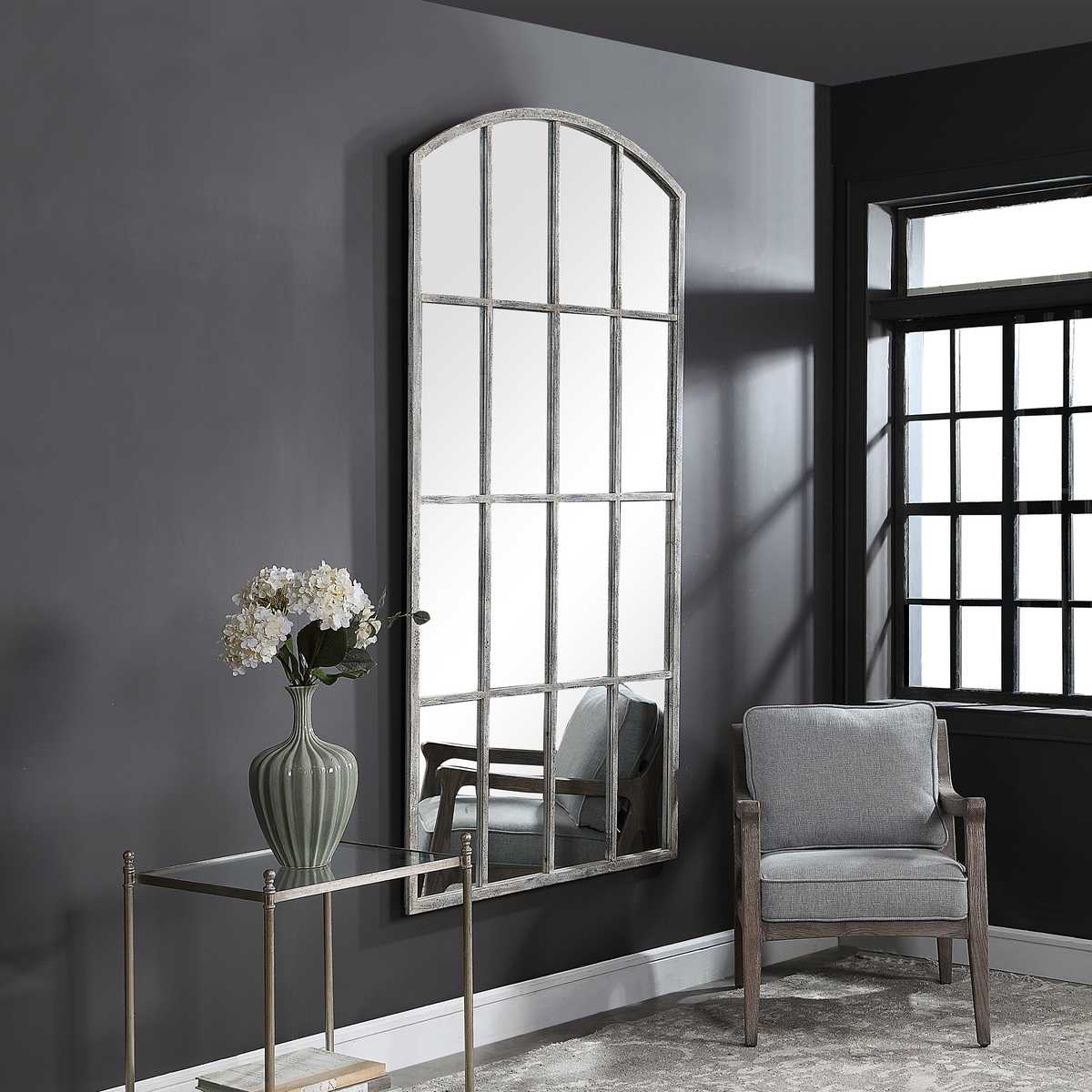 Antique window mirror in living room.