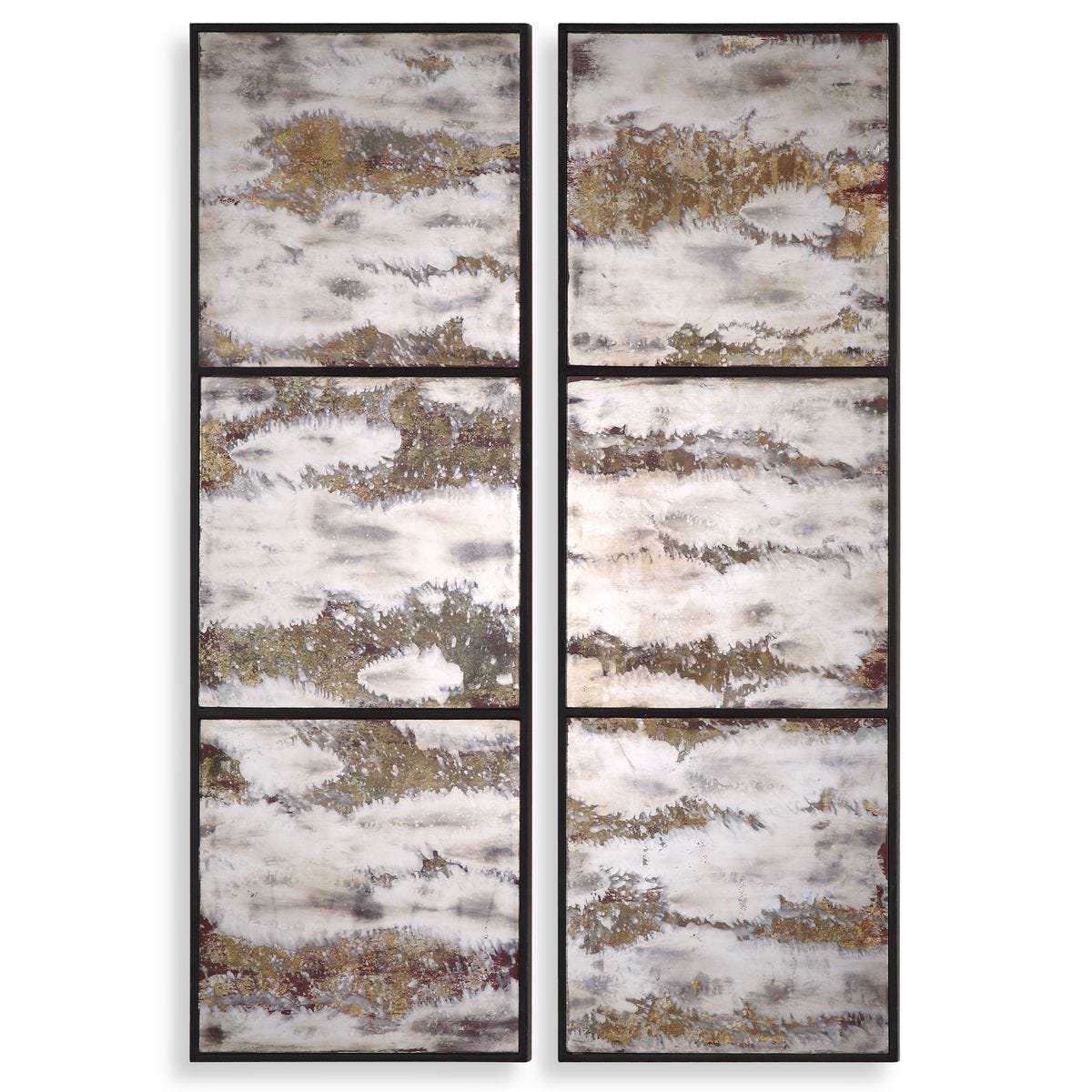 Set of four abstract wall art panels with gold and white patterns on a white background