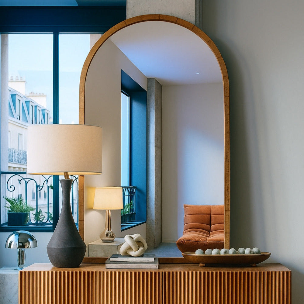 Wooden console table with decorative items in a modern interior setting