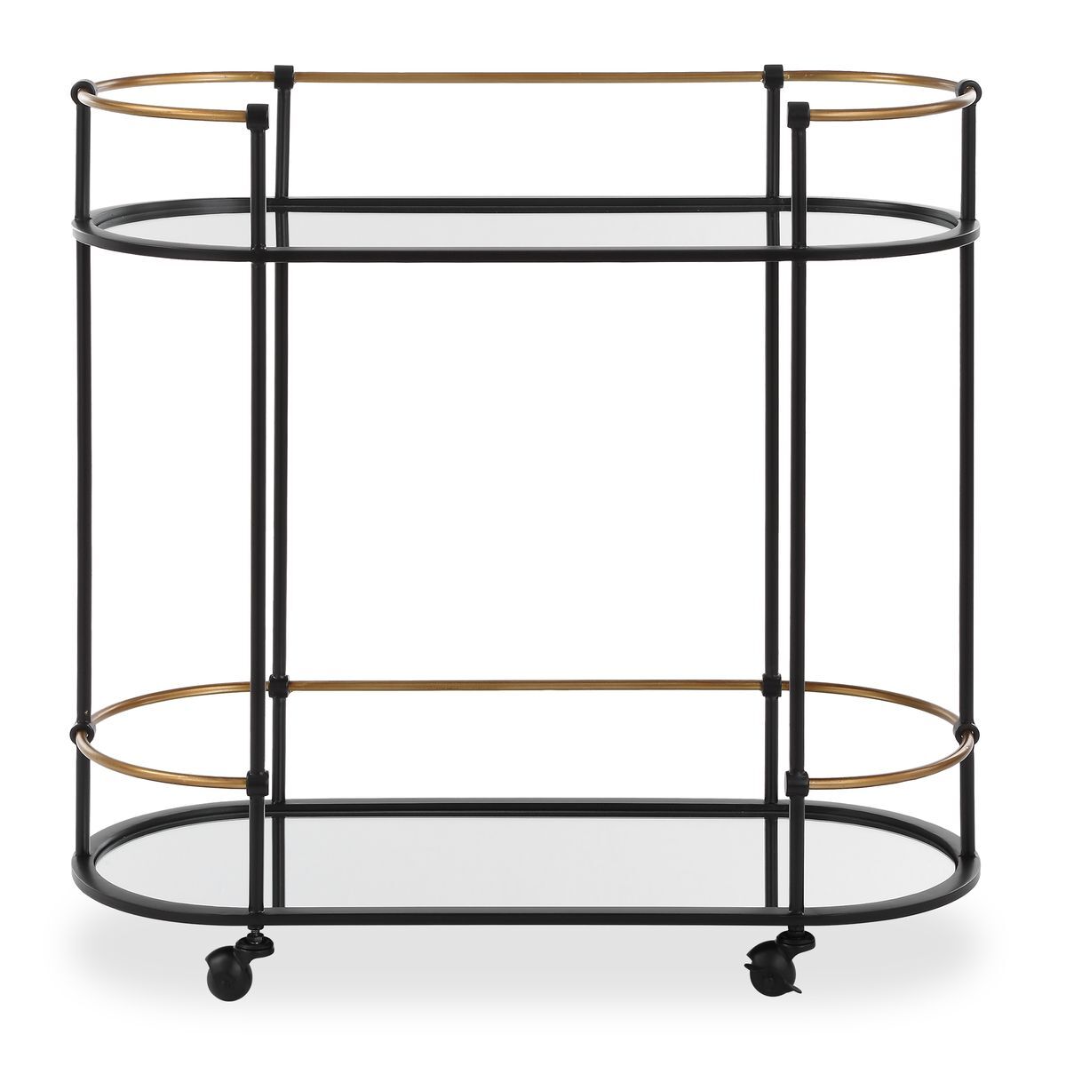 Two-tiered serving cart with black metal frame and glass shelves on a white background