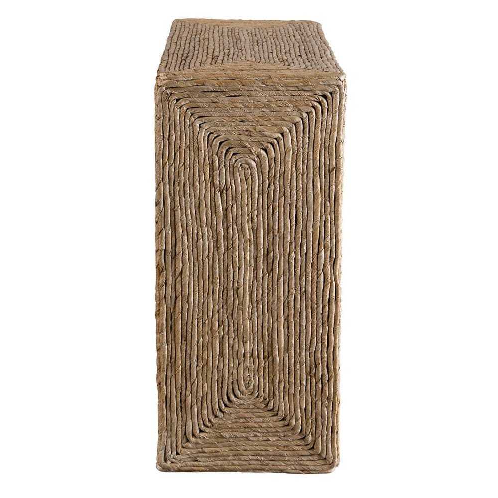 Rectangular wooden stool with woven texture on a white background