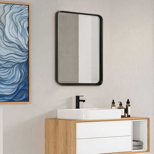 Rectangular mirror with a black frame on a white background
