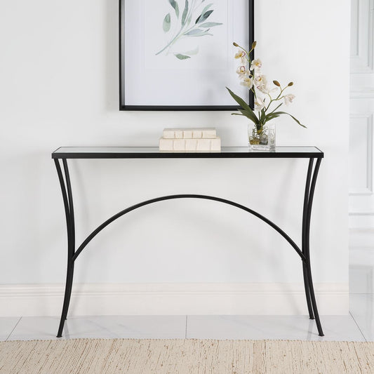 Black and glass console table.