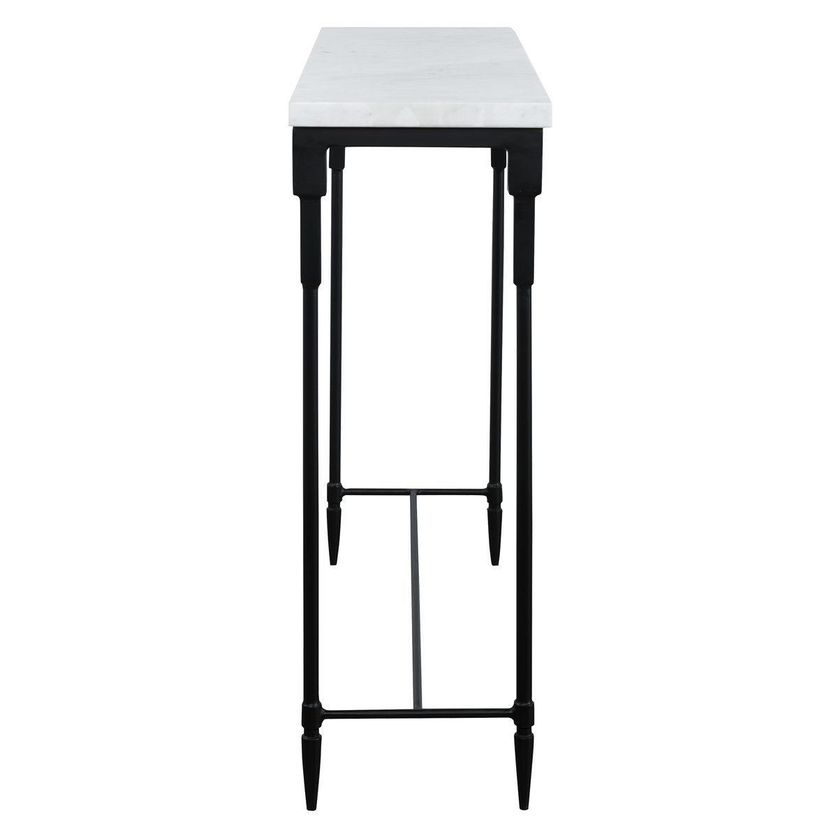 Tall black metal bar stool with white marble top on a white background