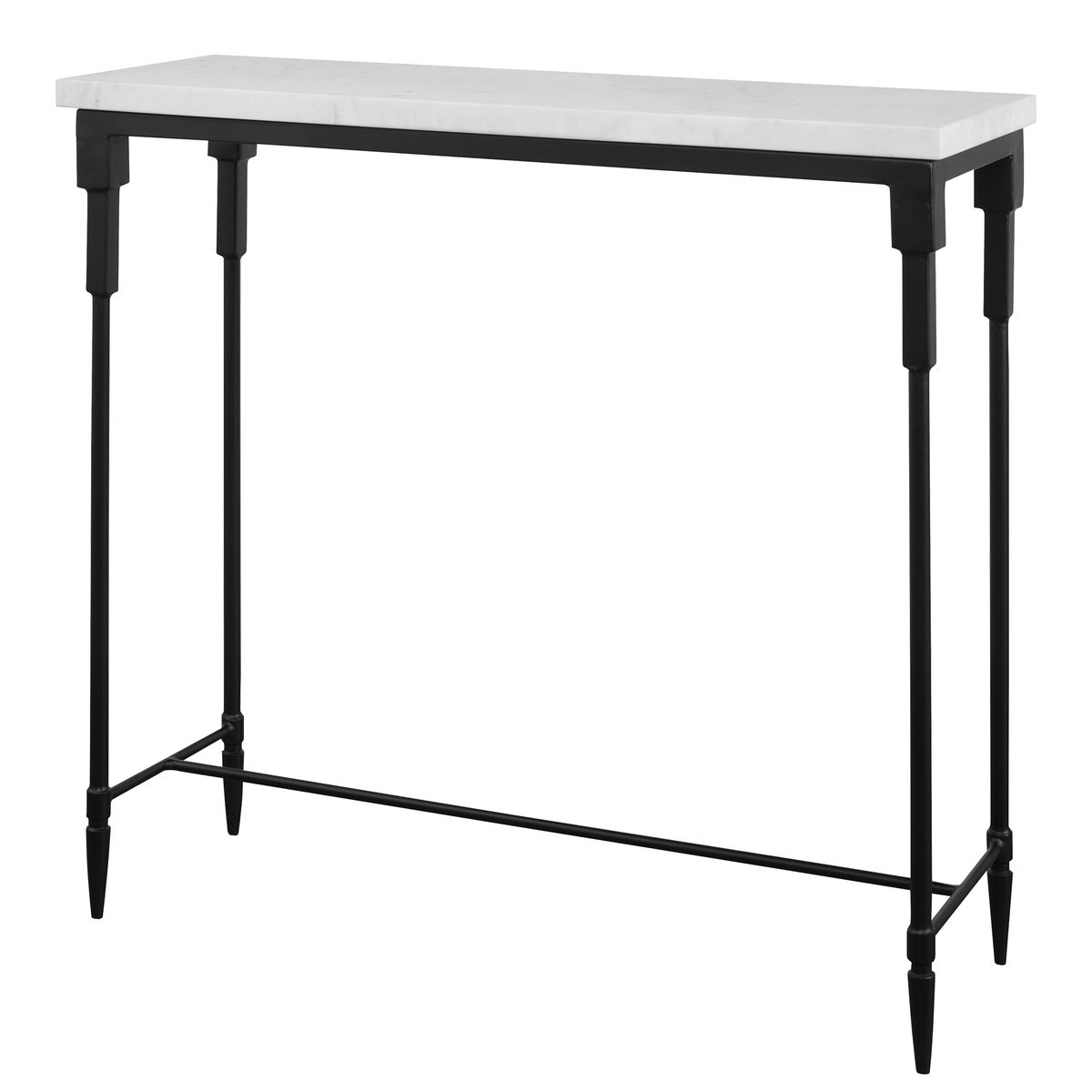 Black metal table with a white marble top on a white background