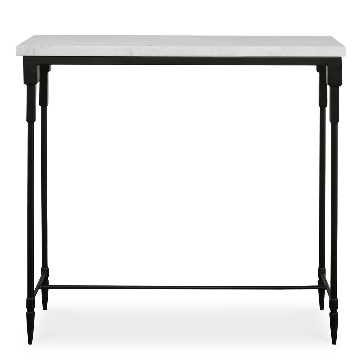 Black metal console table with a white marble top on a white background