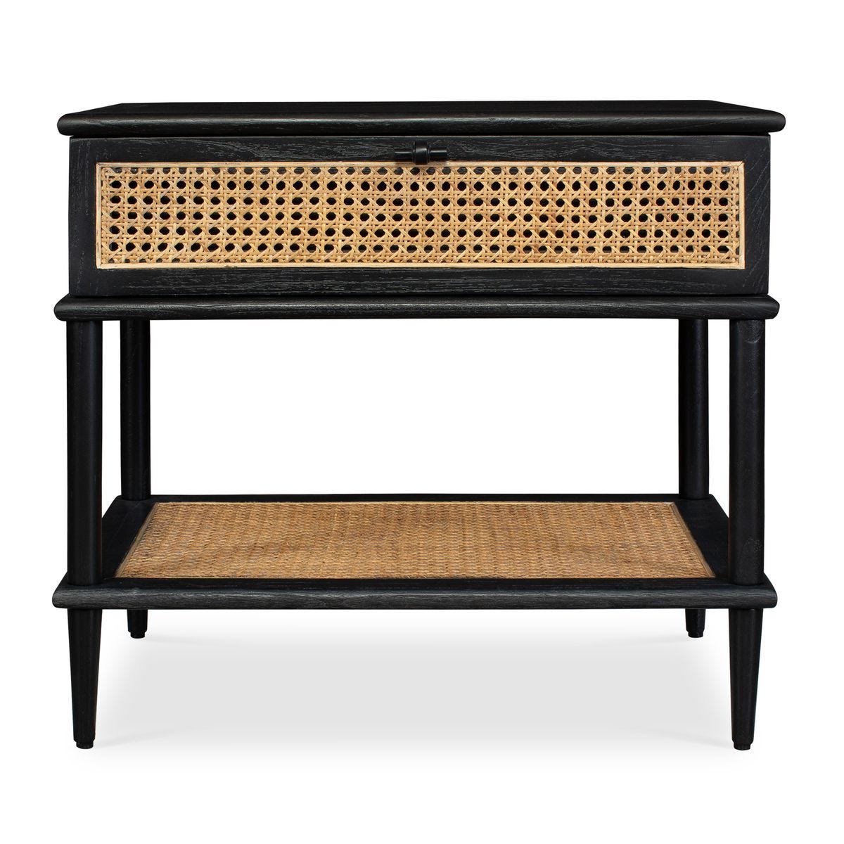 Black console table with woven wicker front and bottom shelf on a white background