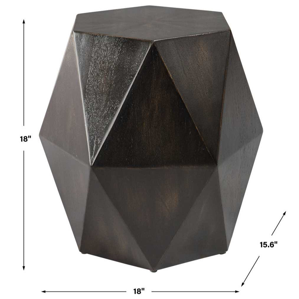 Geometric dark metal side table with dimensions on a white background