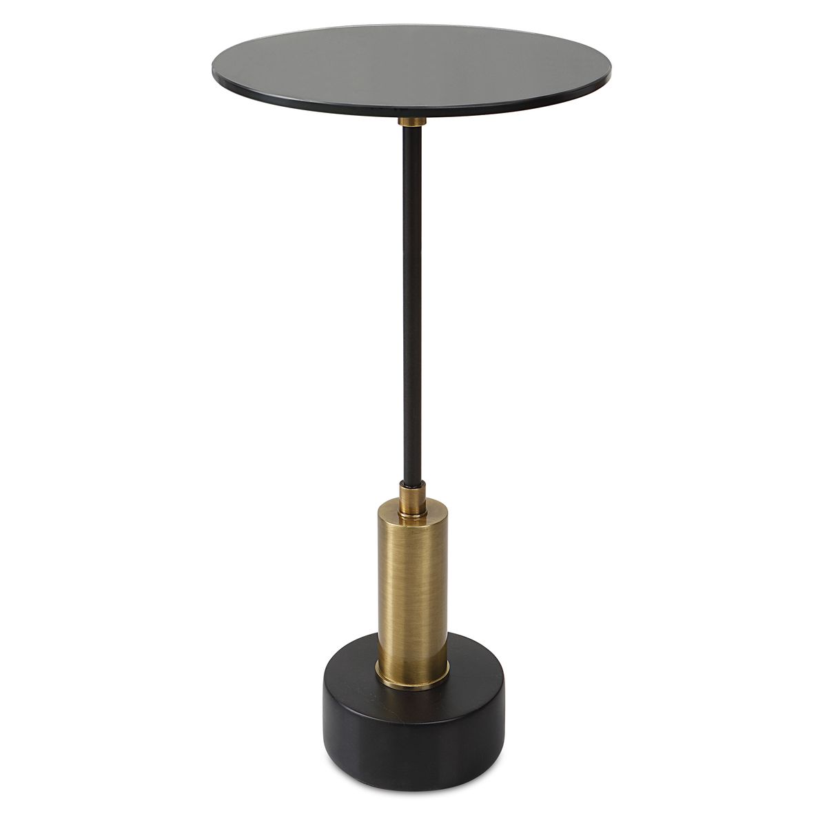 Small round black table with a gold cylindrical accent on a white background