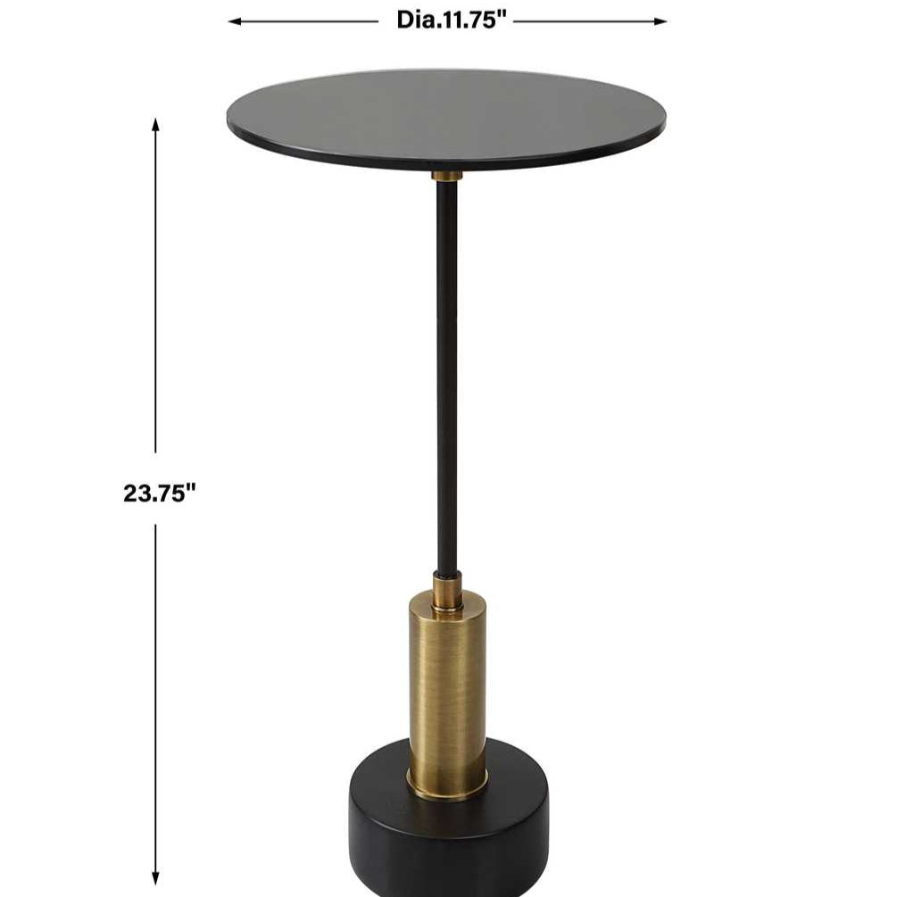 Black side table with gold accent and dimensions on a white background