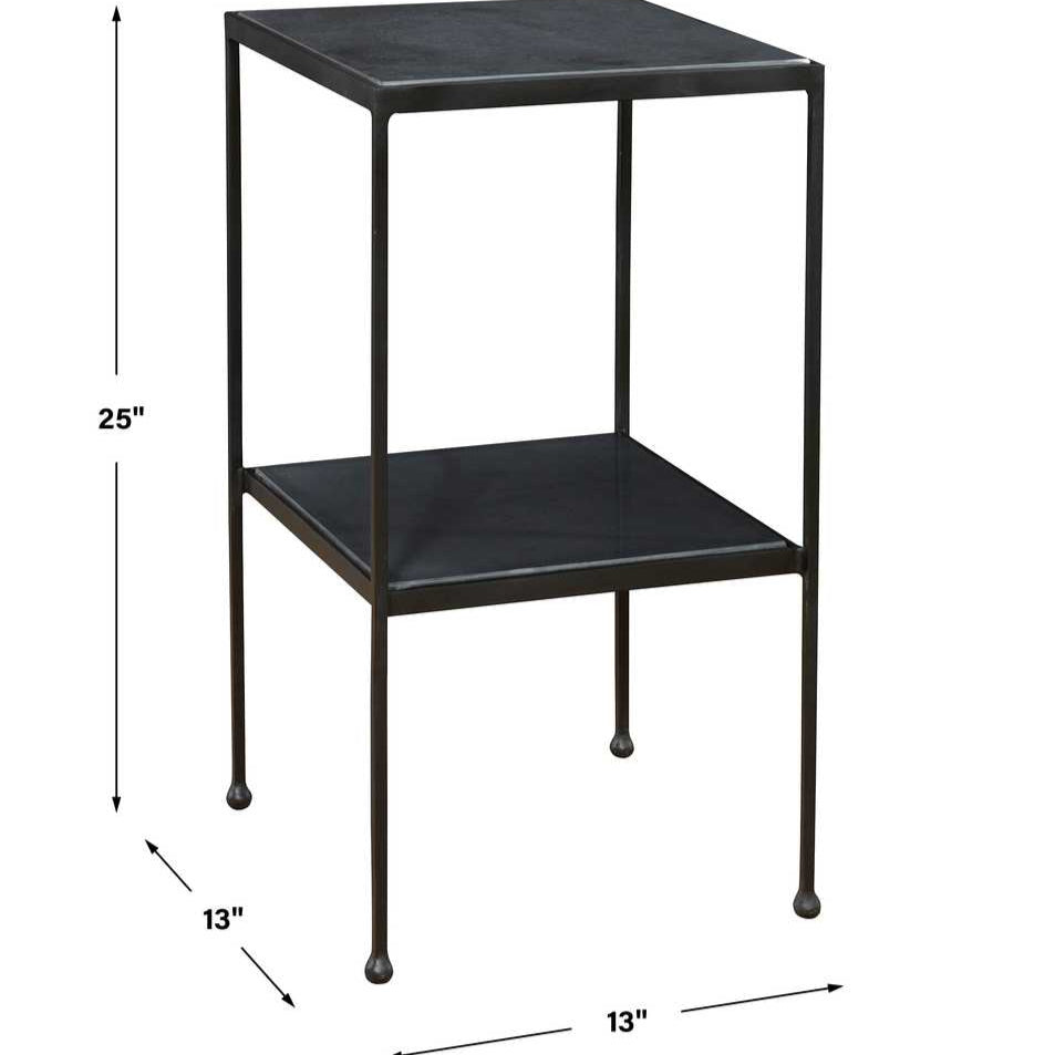 Black metal side table with dimensions on a white background