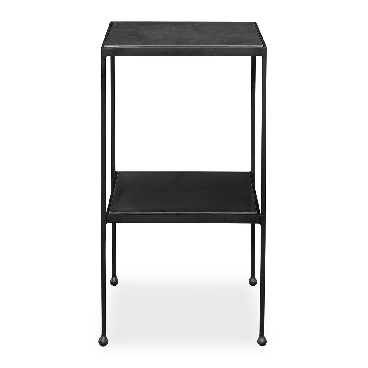 Black metal side table with two shelves on a white background