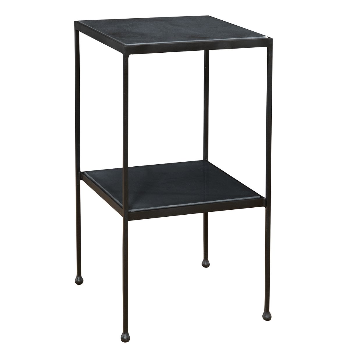 Black metal side table with two shelves on a white background