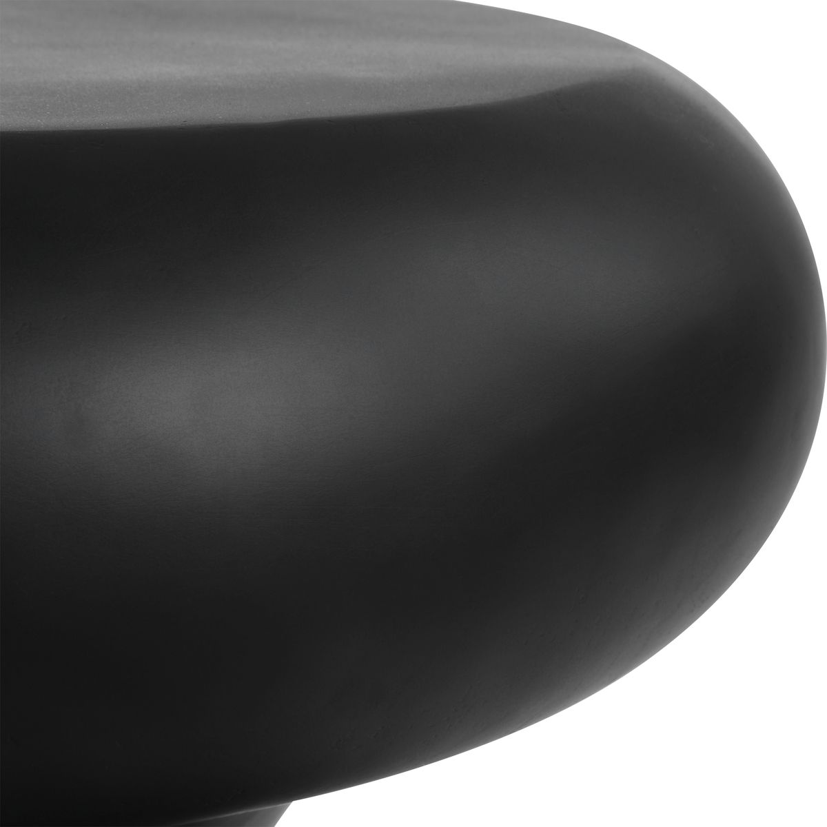 Close-up of a black round ottoman with a gray cushion on a white background