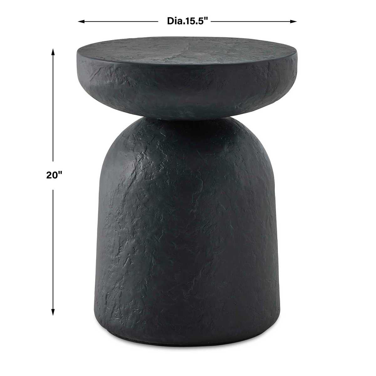 Black stone-styled side table with dimensions on a white background