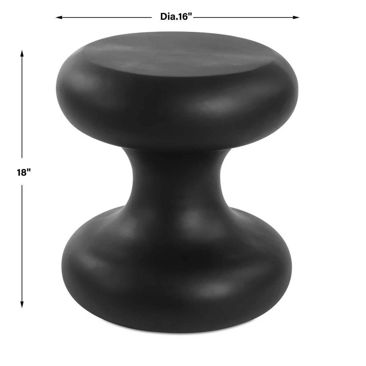 Black cylindrical object with dimensions labeled on a white background