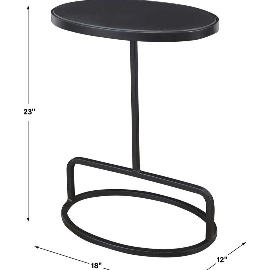 Black side table with dimensions on a white background