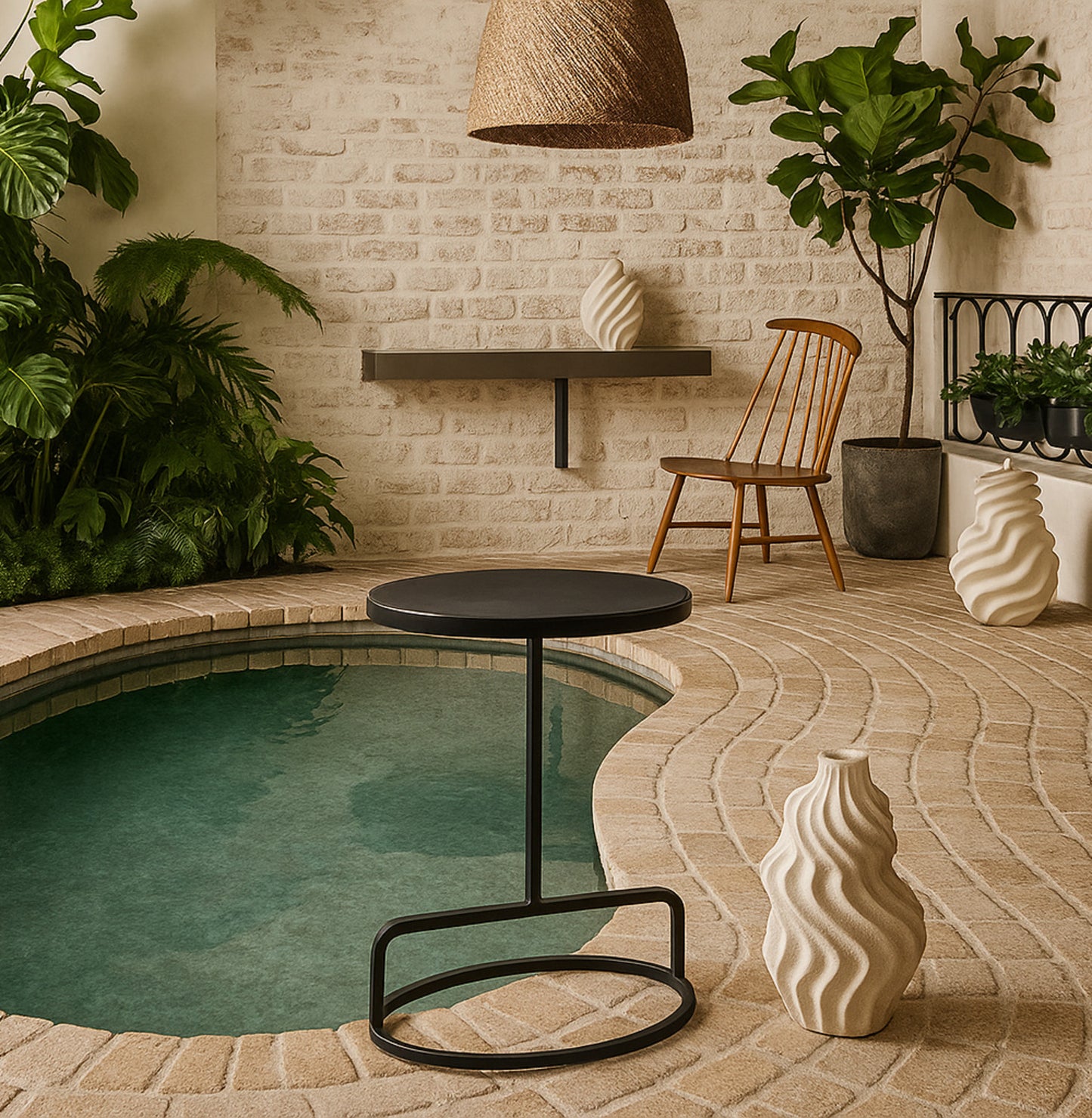 Indoor setting with a small pool, black stool, and decorative vases.