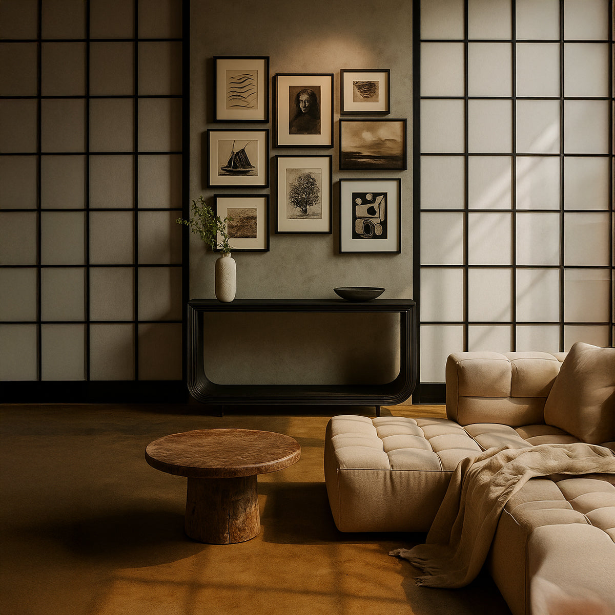 Black rattan console living room.