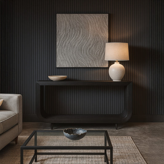 Black rattan console table.