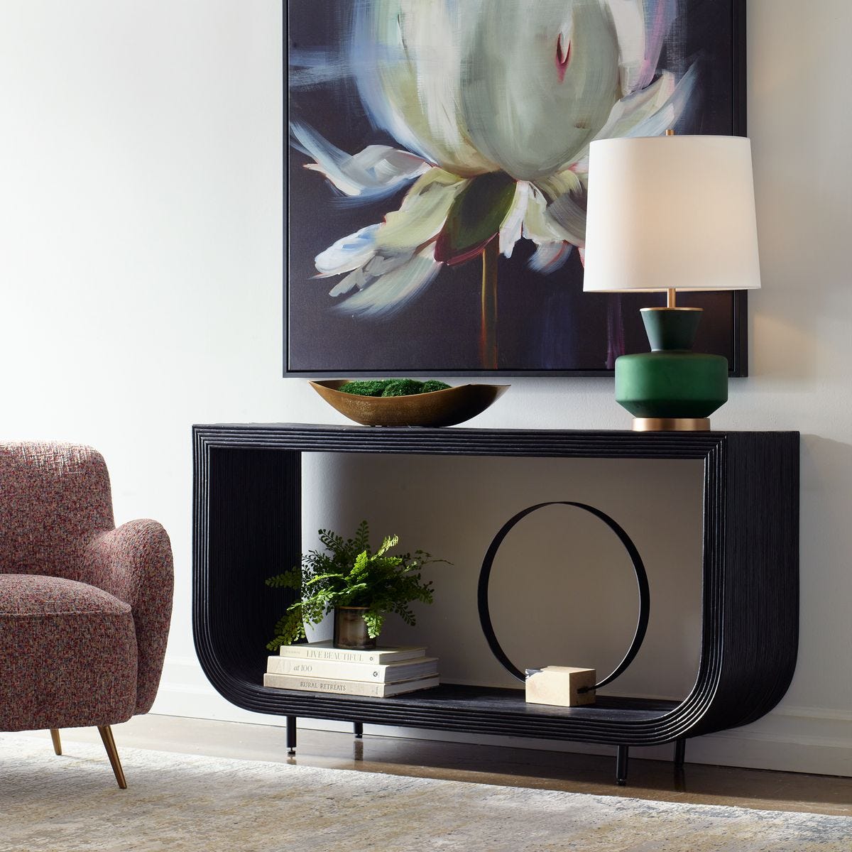 Black rattan console table.