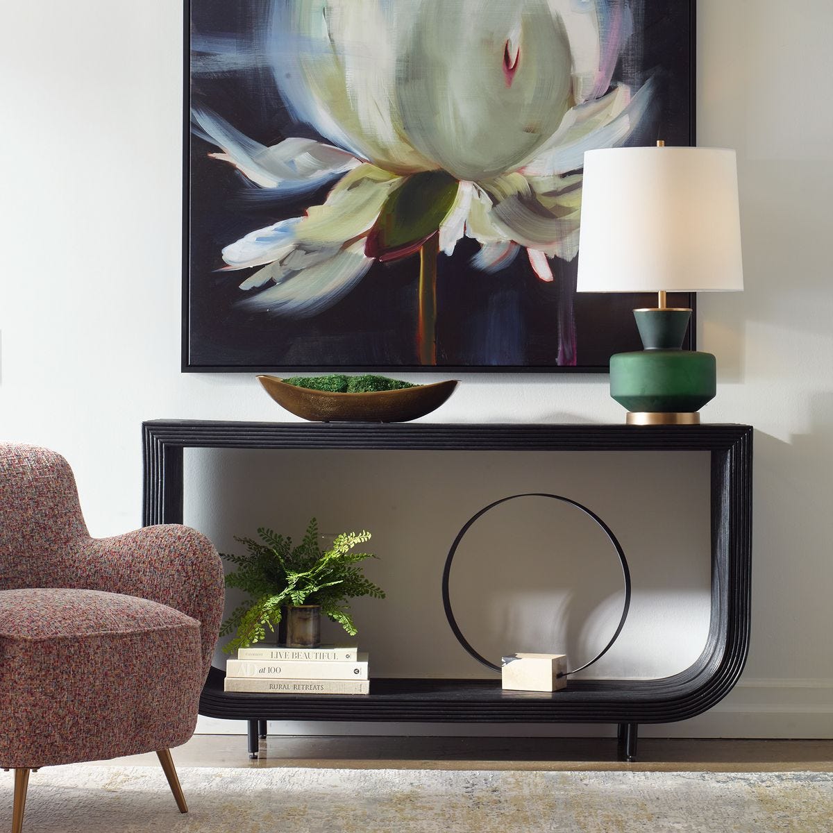 Black rattan console table.
