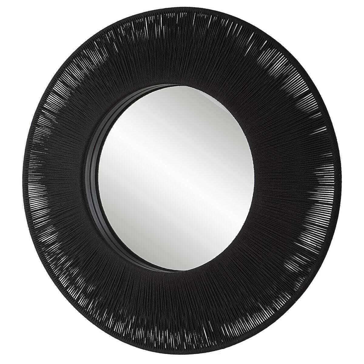 Round mirror with a black, textured frame on a white background