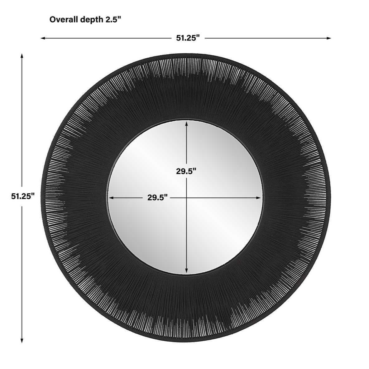 Round mirror with black frame and dimensions labeled on a white background