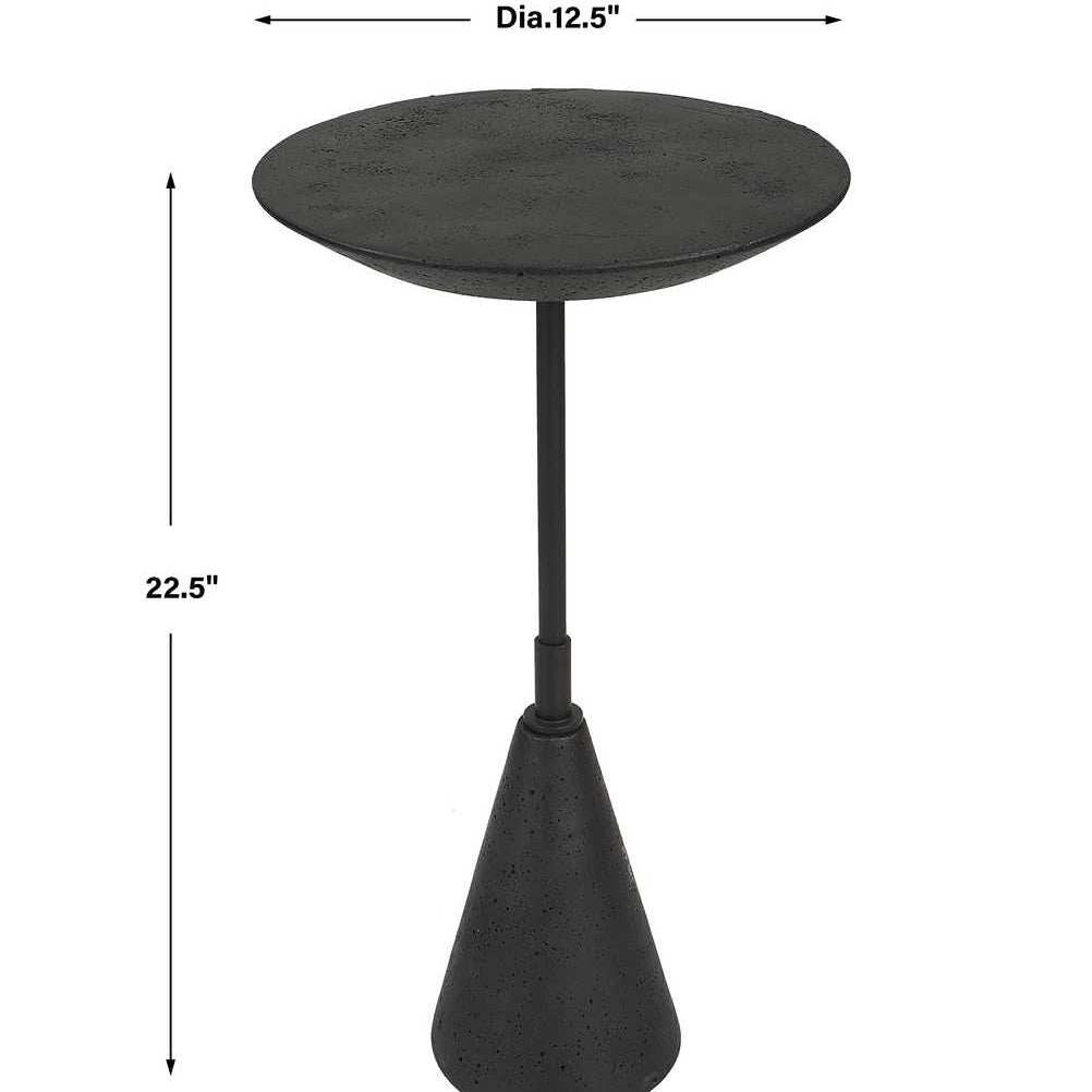Black side table with dimensions on a white background