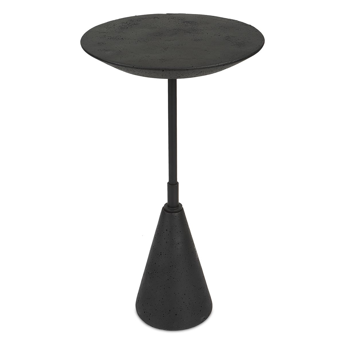 Black side table with a round top and cone-shaped base on a white background