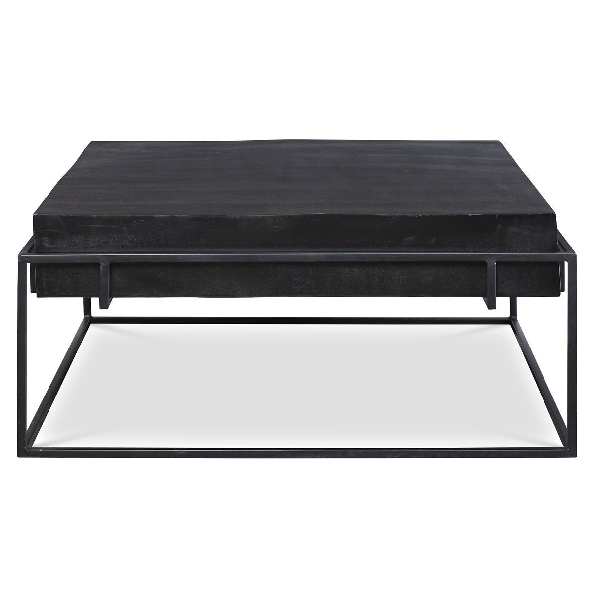 Black square coffee table with metal frame on a white background