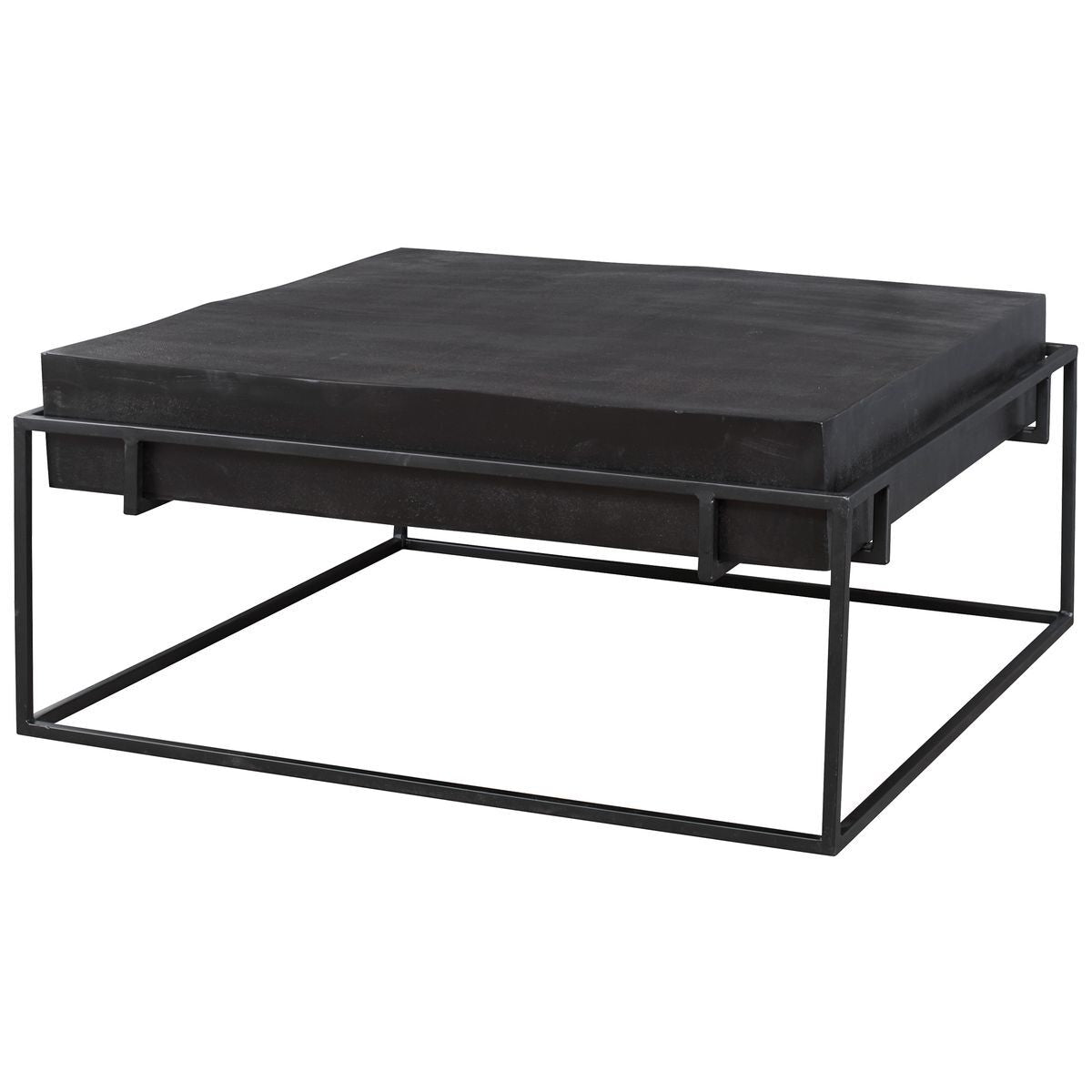 Black square ottoman with metal frame on a white background