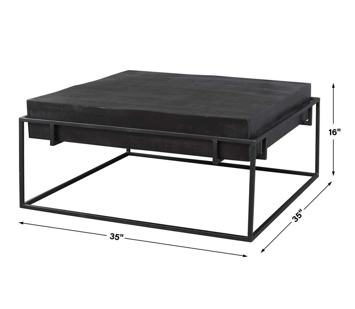 Black upholstered ottoman with dimensions on a white background