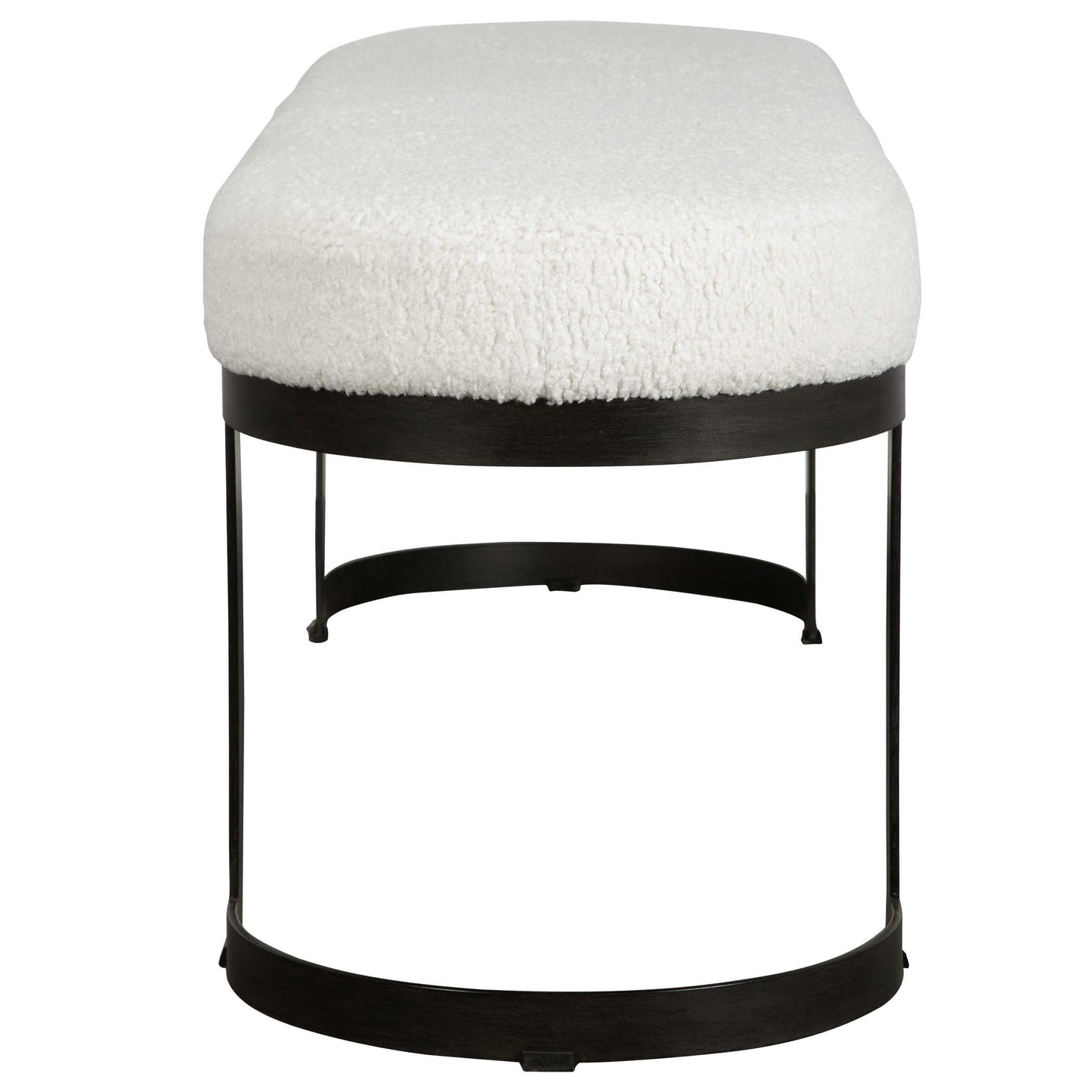 White boucle and black bench.